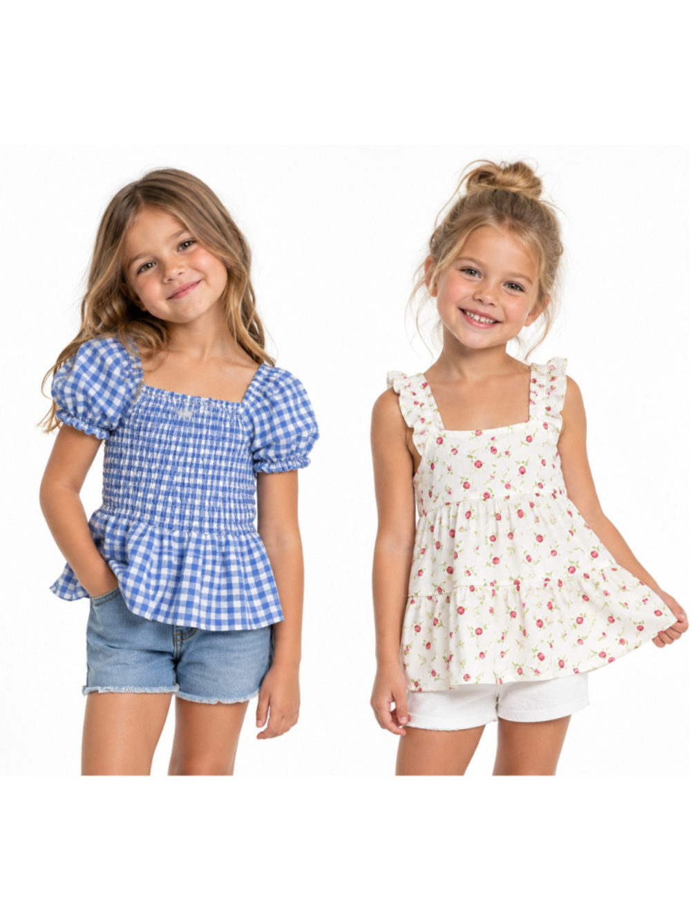 Girls Floral Tank & Gingham Puff Sleeve Tops Set Size M 7/8 White Blue - 883